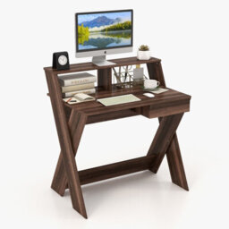 Costway Wooden Computer Desk Home Office Writing Desk With Monitor Stand Riser X-Shaped Walnut - thumbnail 3
