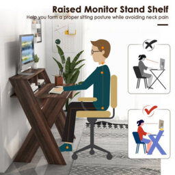 Costway Wooden Computer Desk Home Office Writing Desk With Monitor Stand Riser X-Shaped Walnut - thumbnail 6