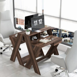 Costway Wooden Computer Desk Home Office Writing Desk With Monitor Stand Riser X-Shaped Walnut - thumbnail 5