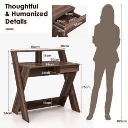 Costway Wooden Computer Desk Home Office Writing Desk With Monitor Stand Riser X-Shaped Walnut - thumbnail 2