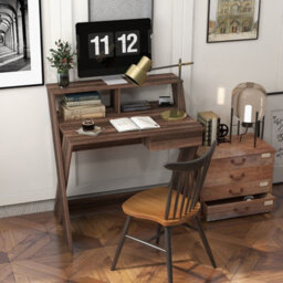 Costway Wooden Computer Desk Home Office Writing Desk With Monitor Stand Riser X-Shaped Walnut - thumbnail 1