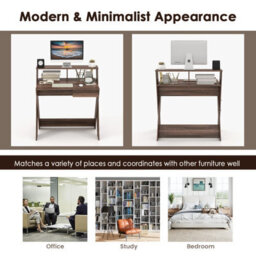 Costway Wooden Computer Desk Home Office Writing Desk With Monitor Stand Riser X-Shaped Walnut - thumbnail 8