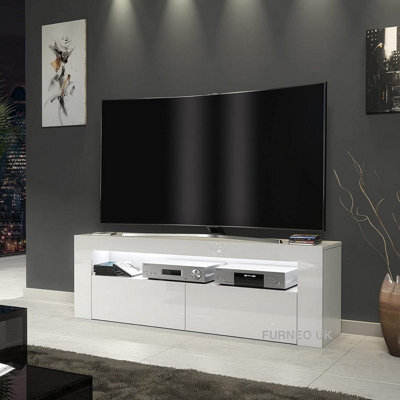 Furneo White Tv Stand 125Cm Cabinet Unit High Gloss & Matt Clifton 03 White Led Lights - image 1