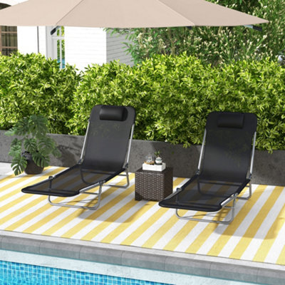 Outsunny 2 Pieces Sun Loungers Foldable Reclining Chair With Headrest Black