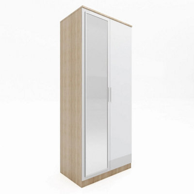White 2 Door Wardrobe With Mirror High Gloss Bedroom Furniture Storage - image 1