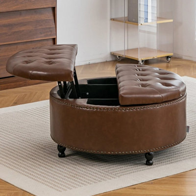 Brown 80Cm Round Pu Leather Footstool Ottoman Coffee Table Stool - image 1