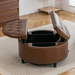 Brown 80Cm Round Pu Leather Footstool Ottoman Coffee Table Stool - thumbnail 4