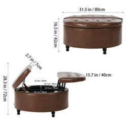 Brown 80Cm Round Pu Leather Footstool Ottoman Coffee Table Stool - thumbnail 2