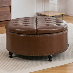 Brown 80Cm Round Pu Leather Footstool Ottoman Coffee Table Stool - thumbnail 3