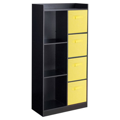 Urbn-Living Urbnliving Height 128Cm Wooden Black 7 Cube Bookcase With Yellow Drawers Tall Shelving Display Storage Unit Cabinet - image 1