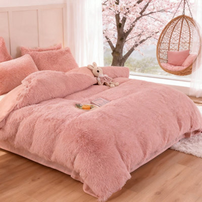 Living And Home Pink Single Side Faux Mink Fleece Bedding Duvet Cover With 2 Pillowcases Bed Linen Set Soft Warm And Cozy Double Size - image 1