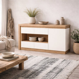 Wyld Haus Hjorring White Gloss And Natural Oak Wood Minimalist Sideboard 3 Doors With Led Lights