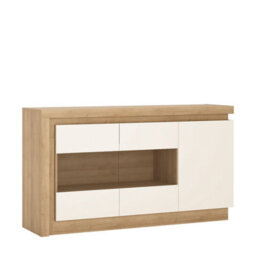 Wyld Haus Hjorring White Gloss And Natural Oak Wood Minimalist Sideboard 3 Doors With Led Lights - thumbnail 2