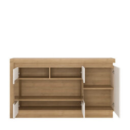 Wyld Haus Hjorring White Gloss And Natural Oak Wood Minimalist Sideboard 3 Doors With Led Lights - thumbnail 3