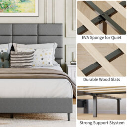 King Size Bed Frame 5Ft Upholstered Platform, Grey/150X200Cm - thumbnail 4
