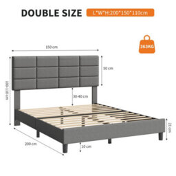 King Size Bed Frame 5Ft Upholstered Platform, Grey/150X200Cm - thumbnail 2