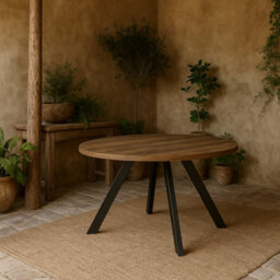 Wyld Haus Bern Round Extendable Dining Table Oak-Look Top Black Steel Hairpin Legs