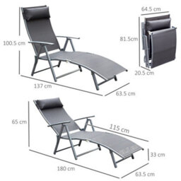 Outsunny Sun Lounger Recliner W/ Pillow Foldable 7 Levels Textilene Grey - thumbnail 3