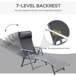 Outsunny Sun Lounger Recliner W/ Pillow Foldable 7 Levels Textilene Grey - thumbnail 4