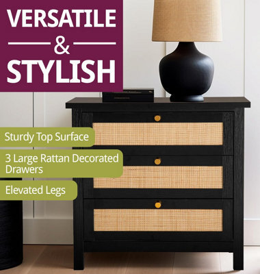 Hallowood Furniture Newquay Chest Of Drawers, 3 With Rattan Front Room For Bedroom, Living & Hallway, Multifunctional Black