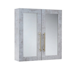 Homestylestore 600 X 650mm Concrete Grey Wall Mounted Mirrored Door Bathroom Cabinet And Brushed Brass T Bar Handles