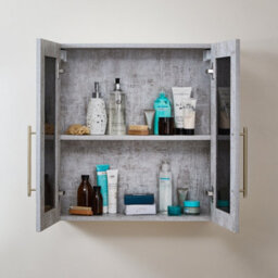 Homestylestore 600 X 650mm Concrete Grey Wall Mounted Mirrored Door Bathroom Cabinet And Brushed Brass T Bar Handles - thumbnail 2