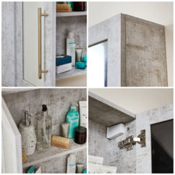 Homestylestore 600 X 650mm Concrete Grey Wall Mounted Mirrored Door Bathroom Cabinet And Brushed Brass T Bar Handles - thumbnail 3