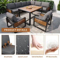 Btm Garden Dining Sofa Set For 8 People Solid Wood Lounge Furniture With Table Adjustable Legs Cushions Included Grey - thumbnail 7