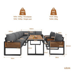 Btm Garden Dining Sofa Set For 8 People Solid Wood Lounge Furniture With Table Adjustable Legs Cushions Included Grey - thumbnail 6