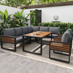 Btm Garden Dining Sofa Set For 8 People Solid Wood Lounge Furniture With Table Adjustable Legs Cushions Included Grey - thumbnail 4
