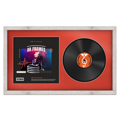 "30X17"" White Rustic Modern Vinyl Record Frame With Poppy Red Mount For 12 Inch Lp Album Cover & Disc - Ak Frames" - image 1