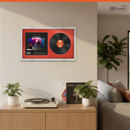 "30X17"" White Rustic Modern Vinyl Record Frame With Poppy Red Mount For 12 Inch Lp Album Cover & Disc - Ak Frames" - thumbnail 5