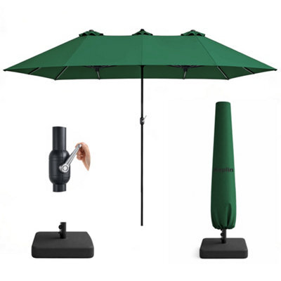 Keplin Double Garden Parasol With Base And Cover 4.5X2.7M, 12 Steel Ribs, 180Gsm Crank Handle, Polyester Canopy, Green - image 1