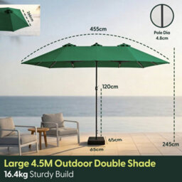 Keplin Double Garden Parasol With Base And Cover 4.5X2.7M, 12 Steel Ribs, 180Gsm Crank Handle, Polyester Canopy, Green - thumbnail 8
