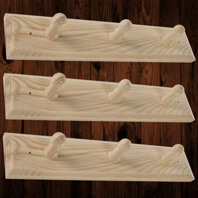 Woodeedoo Set Of 3 Wooden Coat Hooks Wall Mounted 3 Pegs Rail Natural Pine Unpainted Rack For Wall Or Door 28 X 6 X 5.5 Cm - image 1