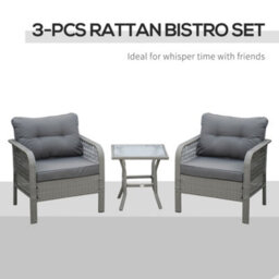 Outsunny 3 Pieces Rattan Bistro Set With Tempered Glass Table Grey - thumbnail 4