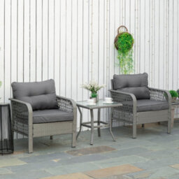 Outsunny 3 Pieces Rattan Bistro Set With Tempered Glass Table Grey - thumbnail 1