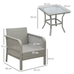 Outsunny 3 Pieces Rattan Bistro Set With Tempered Glass Table Grey - thumbnail 3