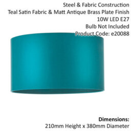 380mm Teal Satin Fabric Cylinder Lamp Shade - Rolled Edge - 10W E27 Led - thumbnail 2