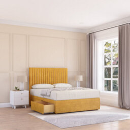 "Sloomy 4Ft Manhattan Divan Bed Base Mustard Plush ,no Drawers & 26"" Struts Headboard - Small Double" - thumbnail 1