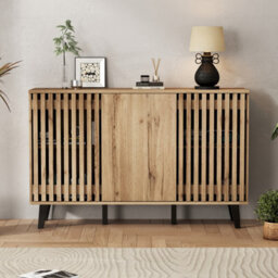Matteo Modern Vintage 3-Door Sideboard Storage Cabinet - Natural Wood Effect - 150X40X95Cm - Living Room, Bedroom & Hallway - thumbnail 3