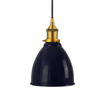 Navy Blue Classic Small Pantry Metal Painted Dome Pendant Light With Antique Gold Lamp Holder And Black Round Cable - Se Home