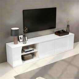 Tv Stand With 3 Cabinet Doors, Tempered Glass Storage And Led Lights - thumbnail 4