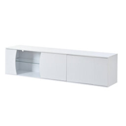 Tv Stand With 3 Cabinet Doors, Tempered Glass Storage And Led Lights - thumbnail 2