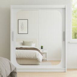 Bega Viii 180 Cm Sliding Doors Wardrobe With Hanging Rail Shelves And Mirror White - thumbnail 1