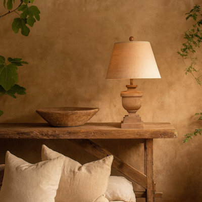 Wyld Haus Bormes Pedestal Table Lamp, Resin Base With Rustic Wood-Effect Finish And Cream Linen Shade - image 1