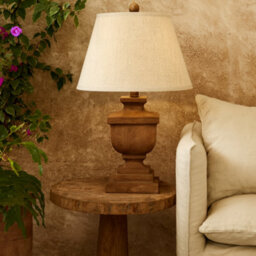 Wyld Haus Bormes Pedestal Table Lamp, Resin Base With Rustic Wood-Effect Finish And Cream Linen Shade - thumbnail 2