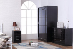 Reflect 2 Door Sliding Wardrobe, 6 Drawer Wide Chest, 3 Drawer Bedside - Black Gloss & Black Oak - Modern Bedroom Furniture Set