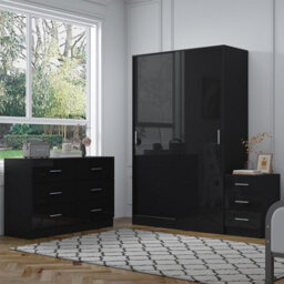 Reflect 2 Door Sliding Wardrobe, 6 Drawer Wide Chest, 3 Drawer Bedside - Black Gloss & Black Oak - Modern Bedroom Furniture Set - thumbnail 2