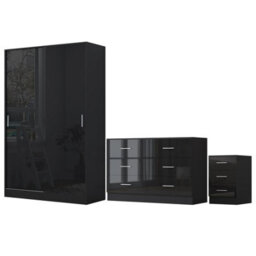 Reflect 2 Door Sliding Wardrobe, 6 Drawer Wide Chest, 3 Drawer Bedside - Black Gloss & Black Oak - Modern Bedroom Furniture Set - thumbnail 5